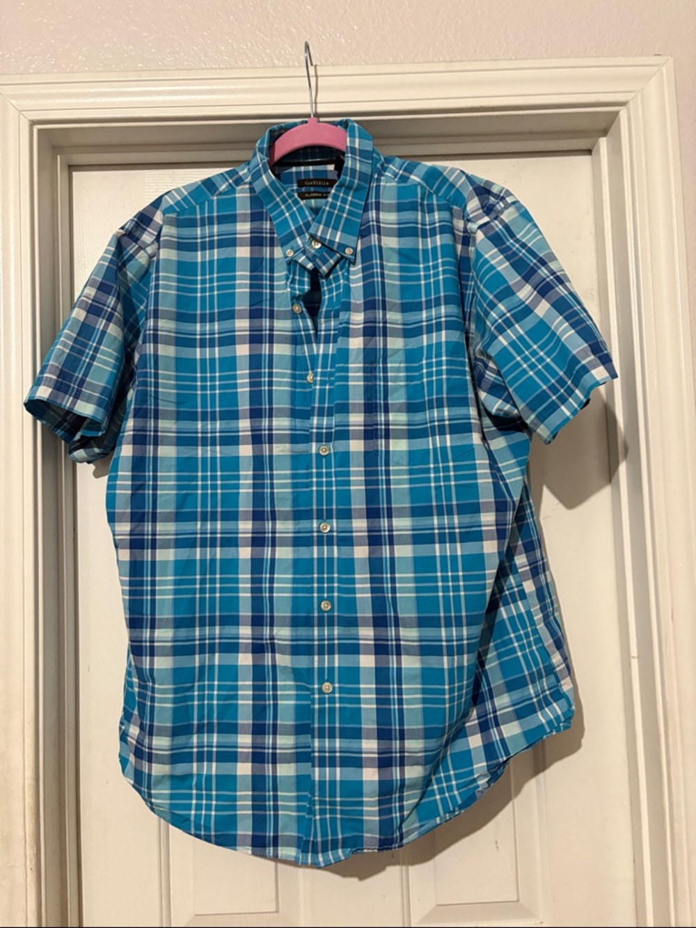 Van Heusen Teal and Blue Plaid Short-Sleeve Button-Down Shirt
